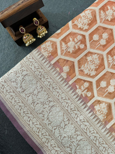 Organza Silk Sari from Banaras | Metallic Rust Orange | Gold Zari | Handwoven | Ships from California
